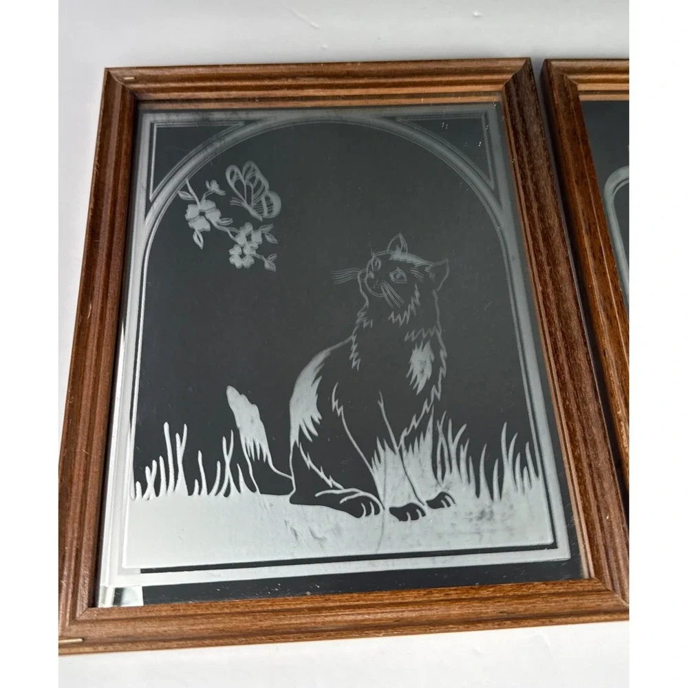 Lot Of 2‎ Vintage Cat Mirror Etched Glass Flowers And Butterfly Wood Framed